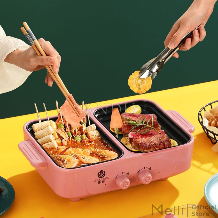 Bếp Lẩu Nướng Mini 2 Ngăn SHABAN Cao Cấp 2 In 1 Siêu Chống Dính, Nồi Lẩu Nướng Hàn Quốc