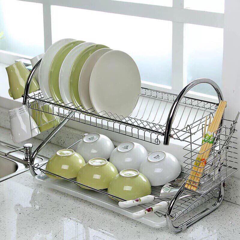 Giá Úp Bát Đĩa 2 Tầng Inox có khay hứng nước