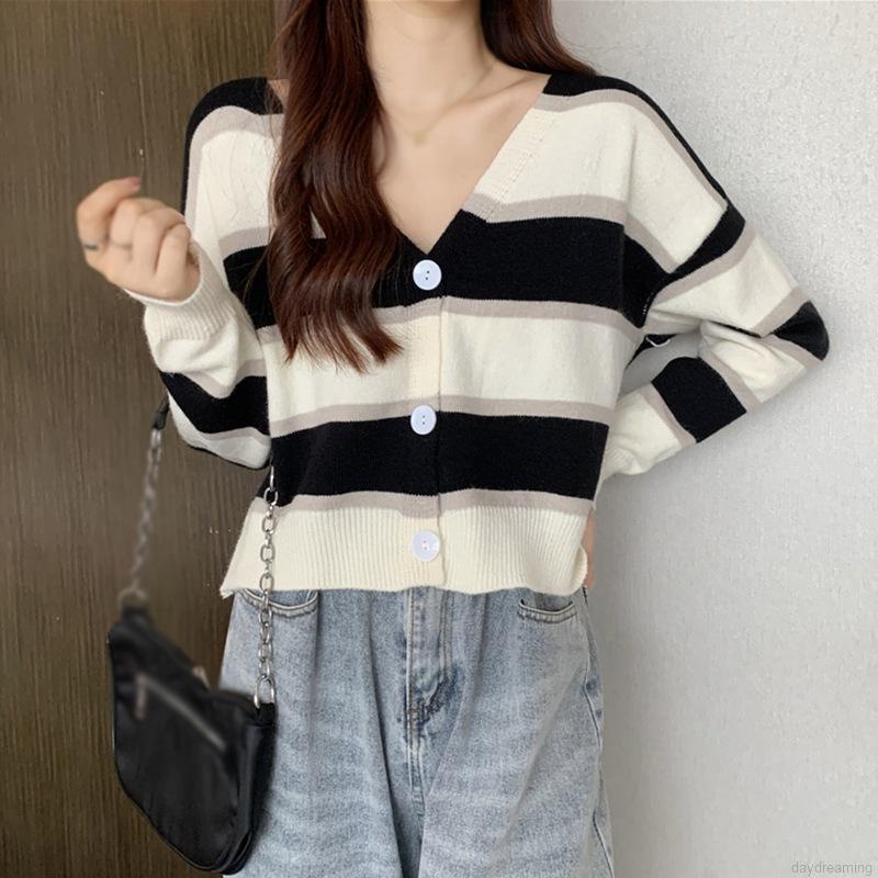 Áo khoác cardigan dệt kim cổ chữ V tay dài dáng rộng kẻ sọc phối nút thời trang cho nữ