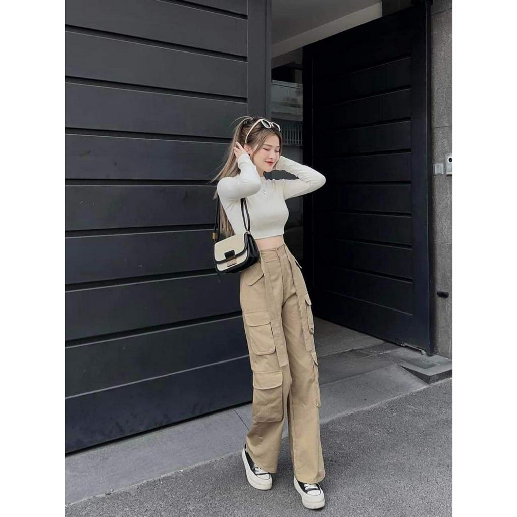 Set đồ nữ cá tính 2 món quần dài ống rộng lưng cao có khuy gài kèm áo croptop thun dài tay ôm body cực xinh