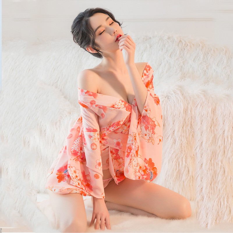 Váy ngủ kimono hoa anh đào Lyly 5030 áo choàng có đai bụng vải voan mịn mát