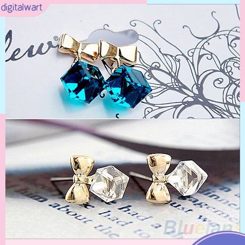 Cặp khuyên tai hình nơ đính đá quý nhân tạo khối vuông nhiều màu sắc trẻ trung cá tính dành cho nữ