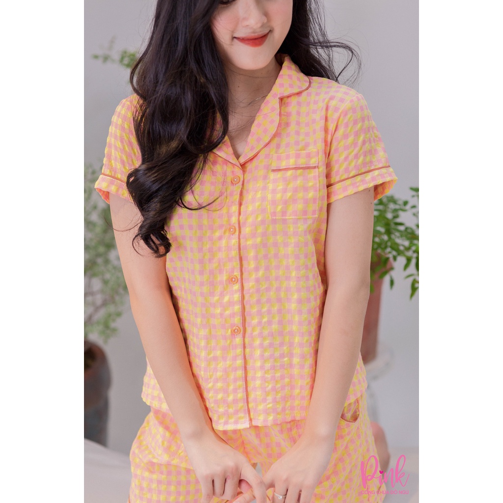 Bộ Đồ Ngủ Nữ Pijama Vàng Mặc Nhà Chất Voan Xốp Mềm Mịn Quần Đùi Tay Ngắn Cổ Sen Phong Cách Hàn Quốc Dễ Thương Sang Trọng