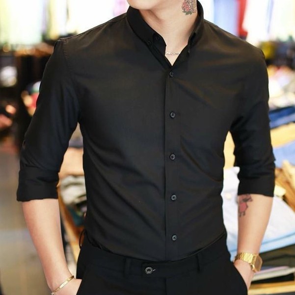 Áo Sơ Mi Nam Dài Tay Đen Không Nhăn Xù Dáng Ôm Nhẹ Chất Cotton Mềm Mại Bền Màu Được Hoàn Trả Mặc Thoáng Mát Dễ Chịu