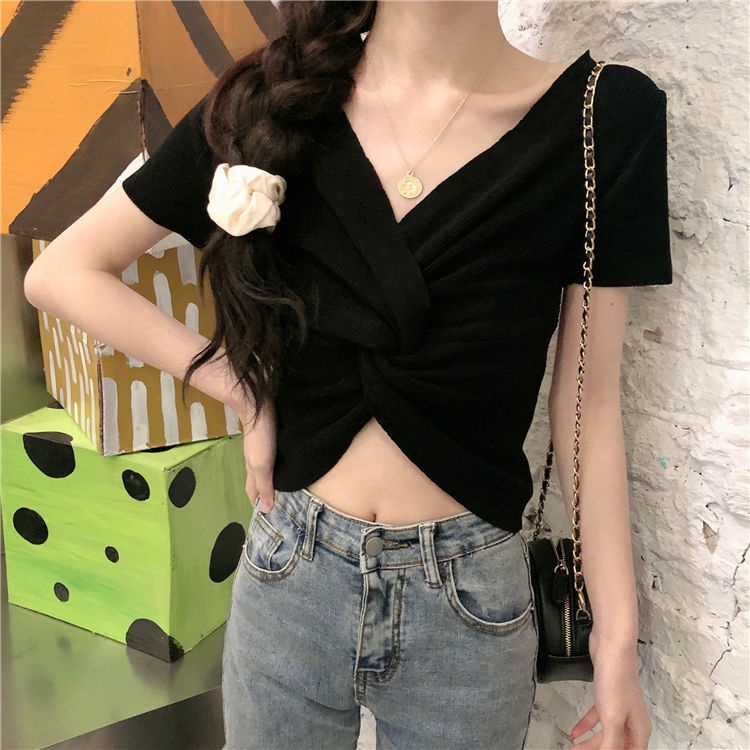 Áo Thun Dệt Kim Tay Ngắn Thiết Kế Đan Chéo Quyến Rũ Thời Trang Mùa Hè Cho Nữ