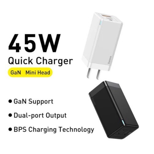 Củ sạc Baseus 45W, Củ sạc nhanh đa năng siêu nhỏ gọn Baseus GaN2 Mini Quick Charger C+U 45W cho Smartphone, tablet...