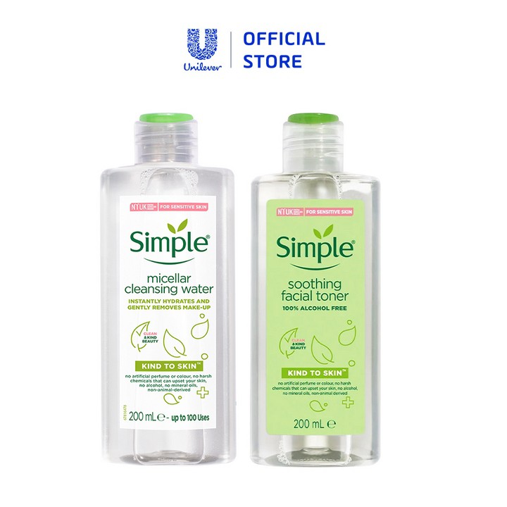 Bộ sản phẩm làm sạch da dịu nhẹ chuyên sâu Simple Kind to Skin (nước tẩy trang và nước hoa hồng 200mlx2)