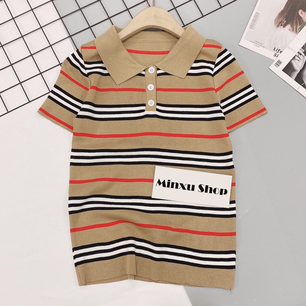 Áo len mỏng kẻ BB cổ bẻ kẻ ngang ngắn tay cúc cài Minxu shop