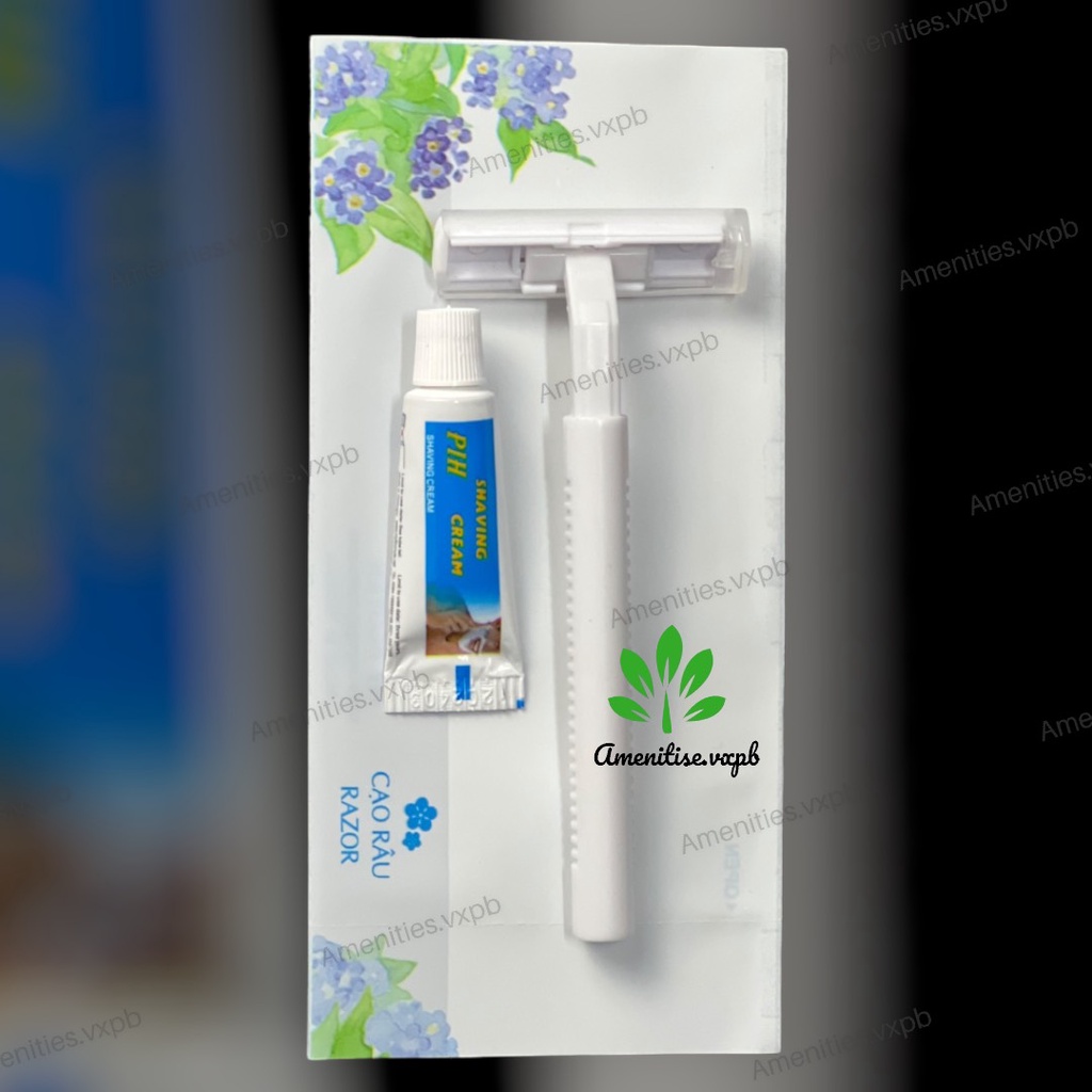 100 dao cạo râu cán nhựa ( kèm kem cạo) đút túi hoa xanh cho khách sạn, nhà nghỉ, homesaty, villa, resort,