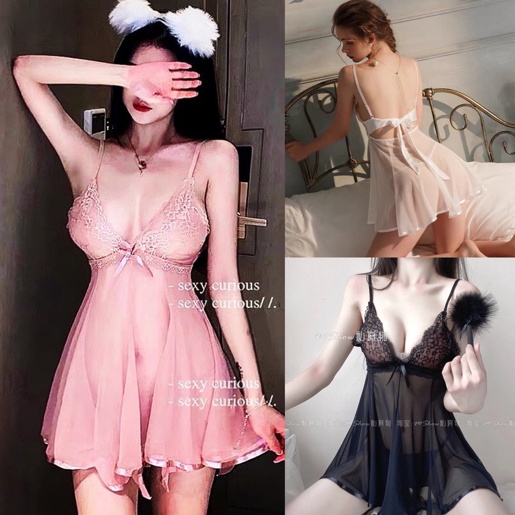 Váy ngủ ren Sexy hở lưng buộc dây xuyên thấu hờ hững