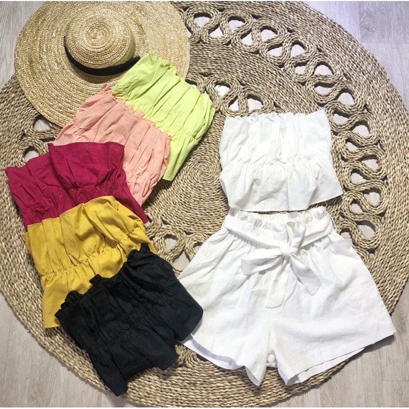 Áo Croptop nhún vải Linen