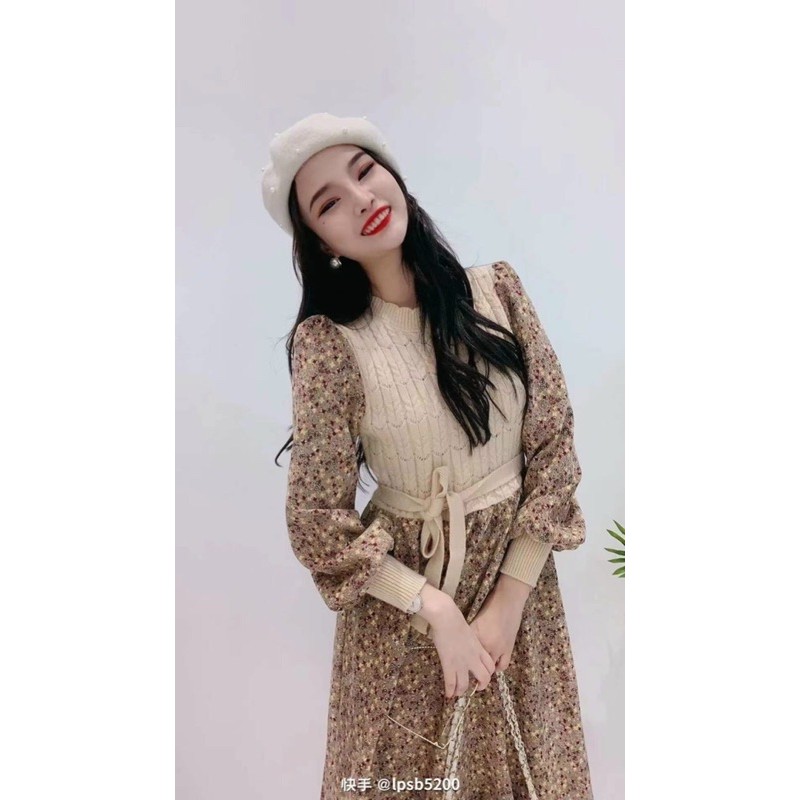 Váy len hoa bo tay thắt nơ vintage