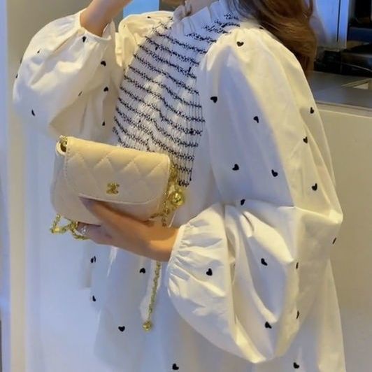 Áo sơ mi tay phồng in họa tiết trái tim phong cách retro mùa thu 2021 cho nữ