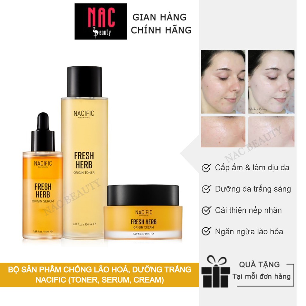 Bộ Sản Phẩm Chống Lão Hoá, Dưỡng Trắng Da NACIFIC Fresh Herb Origin (Toner, Serum, Cream)