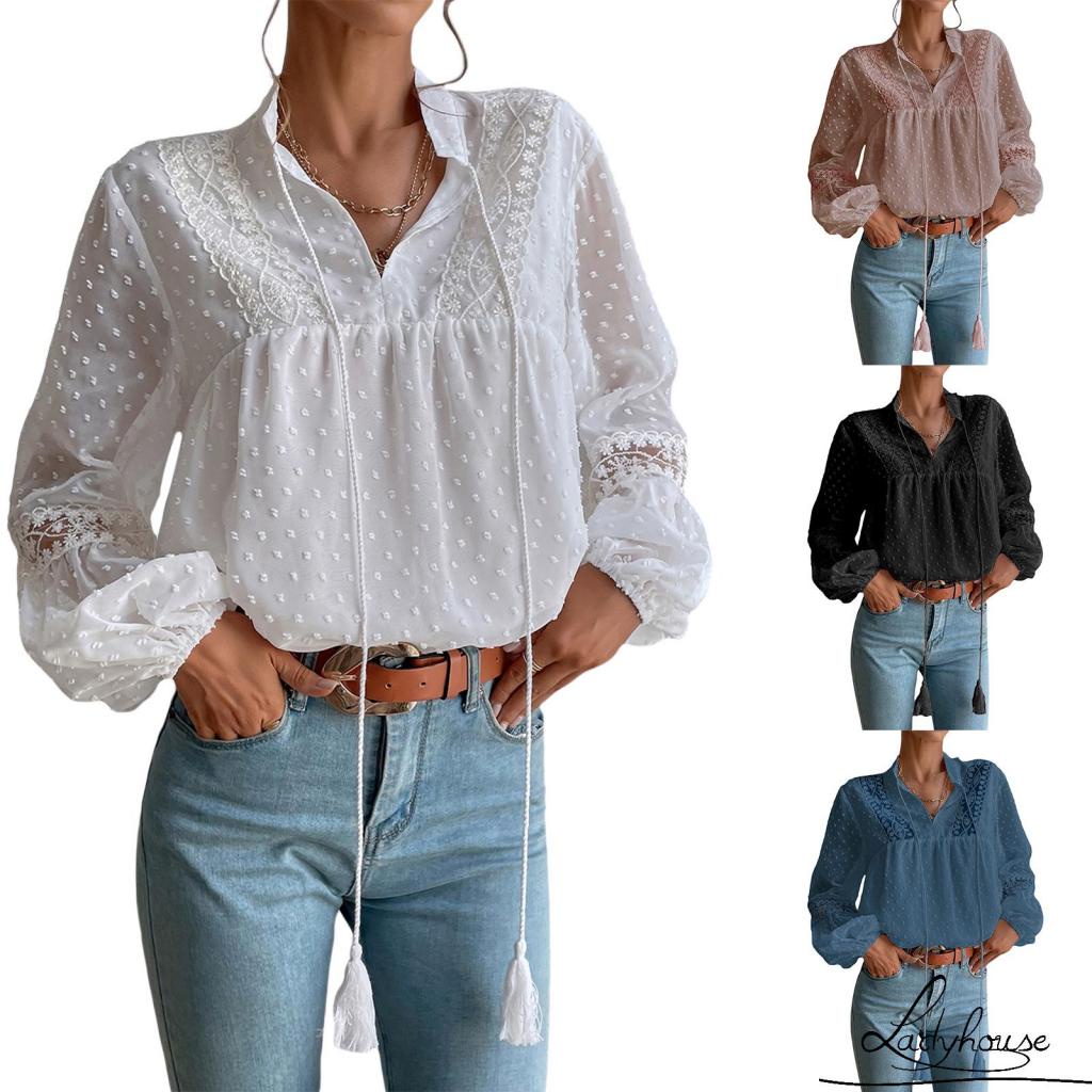 Áo Sơ Mi Chiffon Tay Dài Dáng Rộng Họa Tiết Chấm Bi Thời Trang Đường Phố Cho Nữ