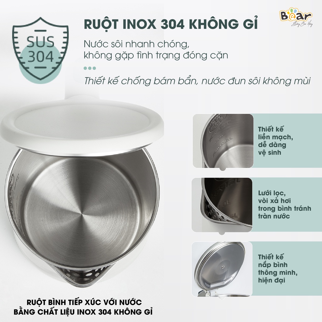 Ấm đun siêu tốc Bear ZDH-Q17B1, Dung tích 1.7 lít, Công suất 1800W, 3 lớp, nấu nước sôi nhanh, sử dụng inox 304 cao cấp