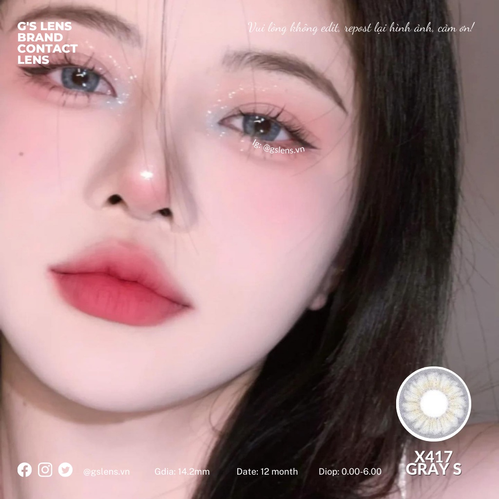 Lens Mắt Kính Áp Tròng Xám Xoáy Tự Nhiên X417 Gray Giãn Ít Có Từ 0 Đến 6 Độ Lệch Độ Size S 14.2mm