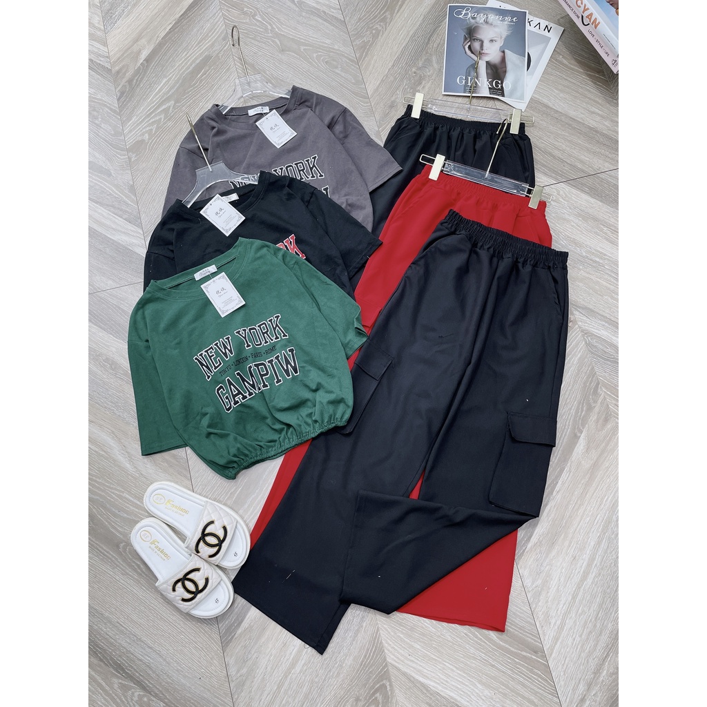 Bộ croptop 3 món quần túi hộp ống rộng LT156