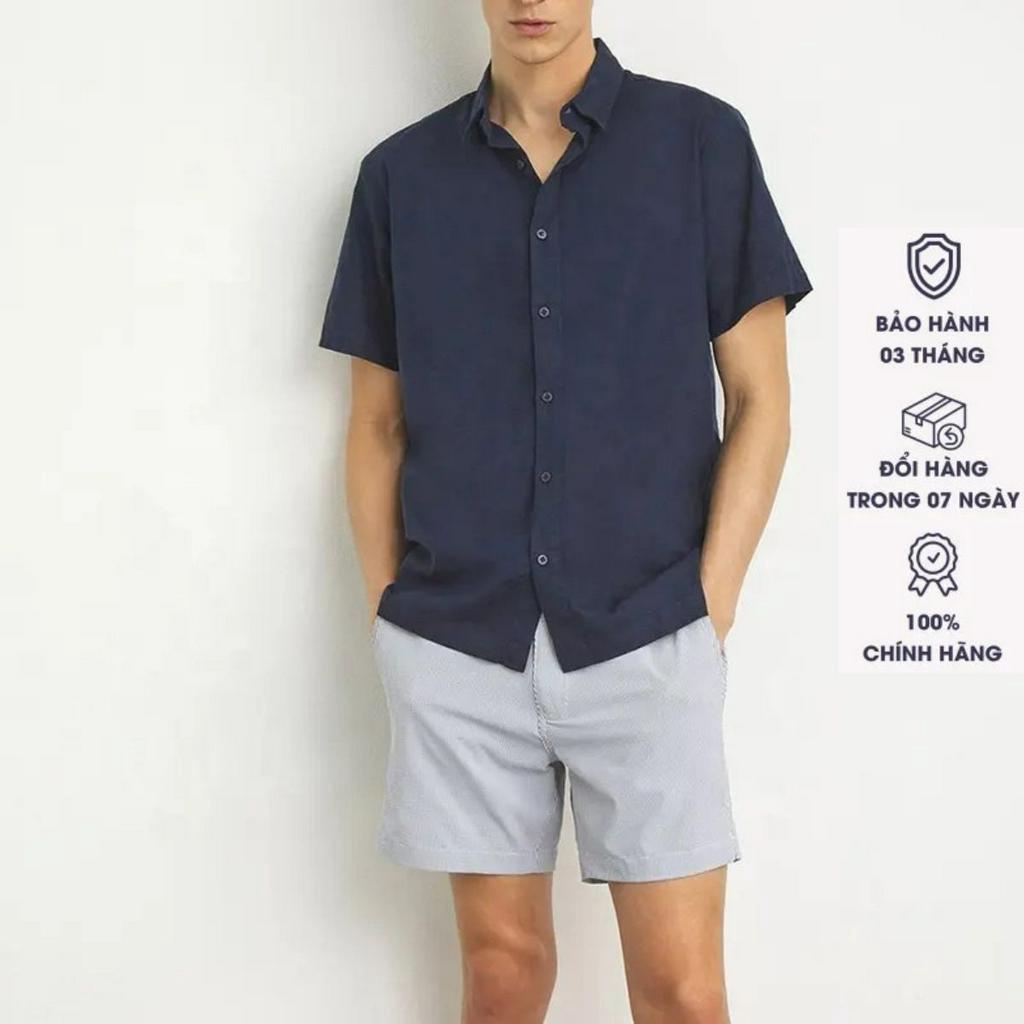 Áo Sơ Mi Nam Ngắn Tay Công Sở, Chất Vải Lanh Thoáng Mát Trơn Màu Tím Than