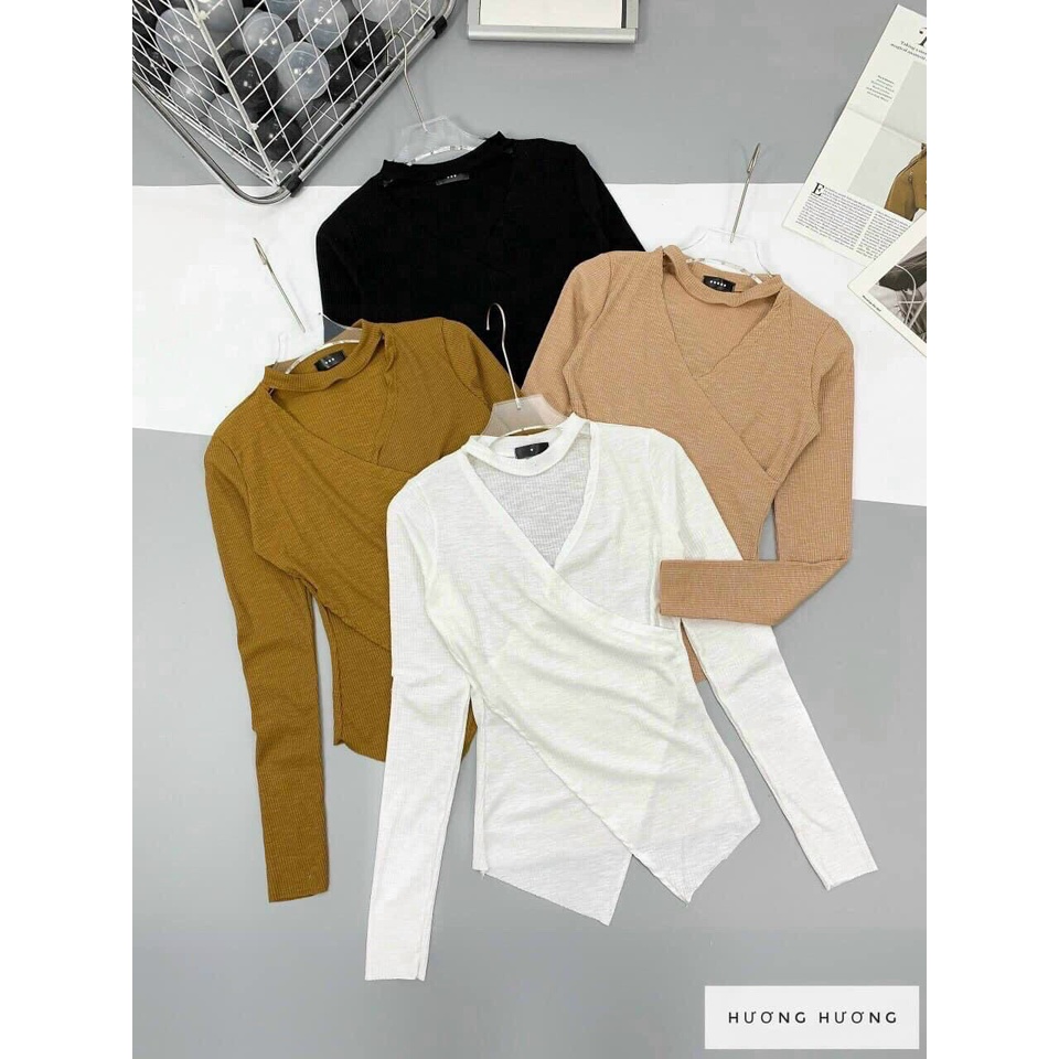 ÁO THUN GÂN CỔ CHOKER TAY DÀI VẠT ĐẮP CHÉO - MẪU VẢI ĐẸP