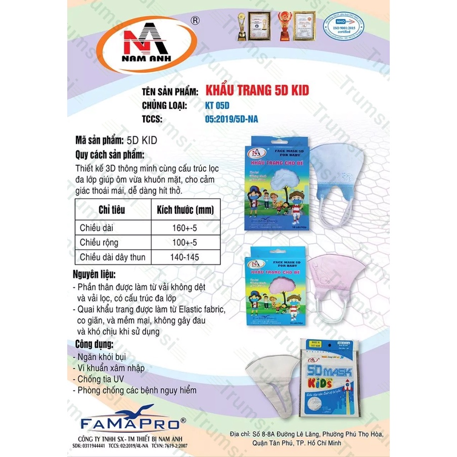 Khẩu trang y tế 5D 3 lớp Nam Anh Famapro kháng khuẩn chống bụi cao cấp an toàn không kích ứng da cho em bé quai thun