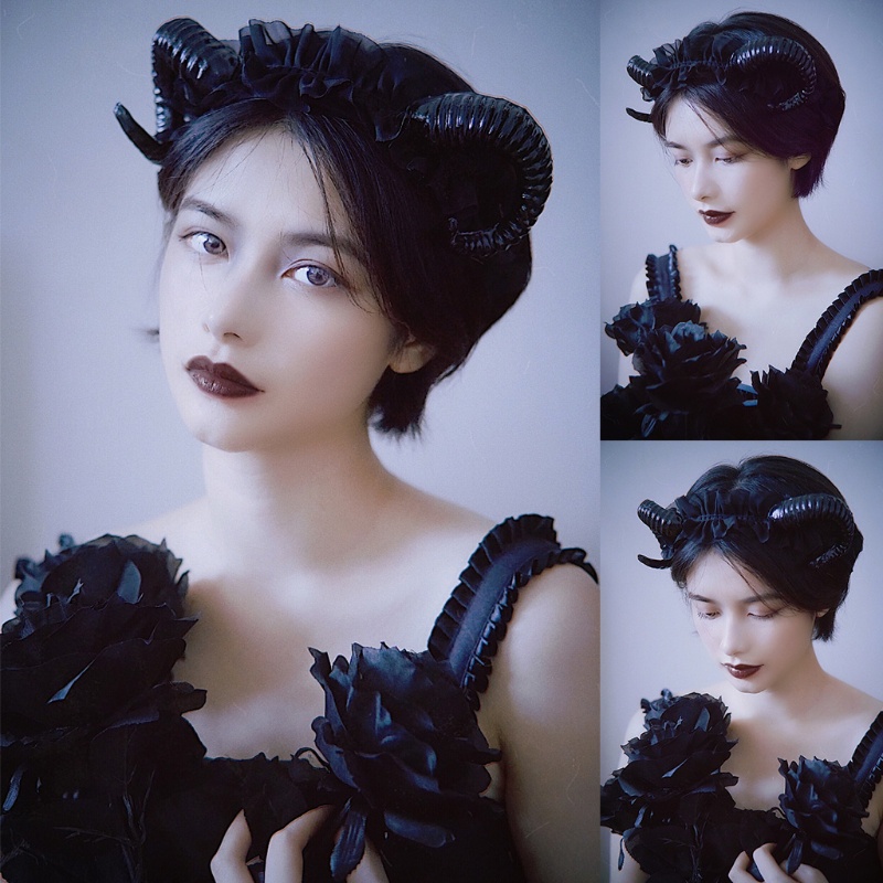 Cài Tóc Hình Sừng Cừu Phối Ren Phong Cách Halloween Cho Bé Gái