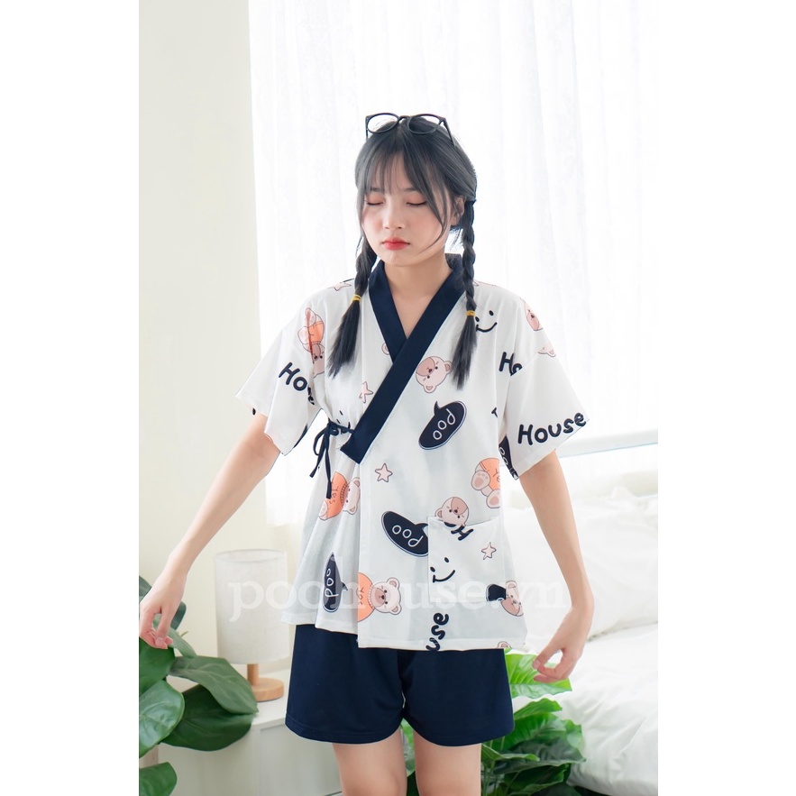 Đồ bộ nữ, bộ đồ ngủ kimono pijama cộc tay mặc nhà chất liệu cotton kiểu Nhật - Poohouse KIMONO-GAUPOO
