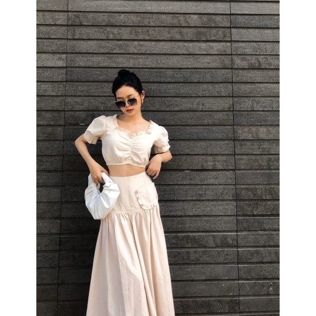 OLALASTUDIO Set linen áo croptop và chân váy dài Eugen Linen Set
