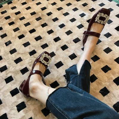 Giày da mũi vuông đính kim cương giả thời trang cổ điển