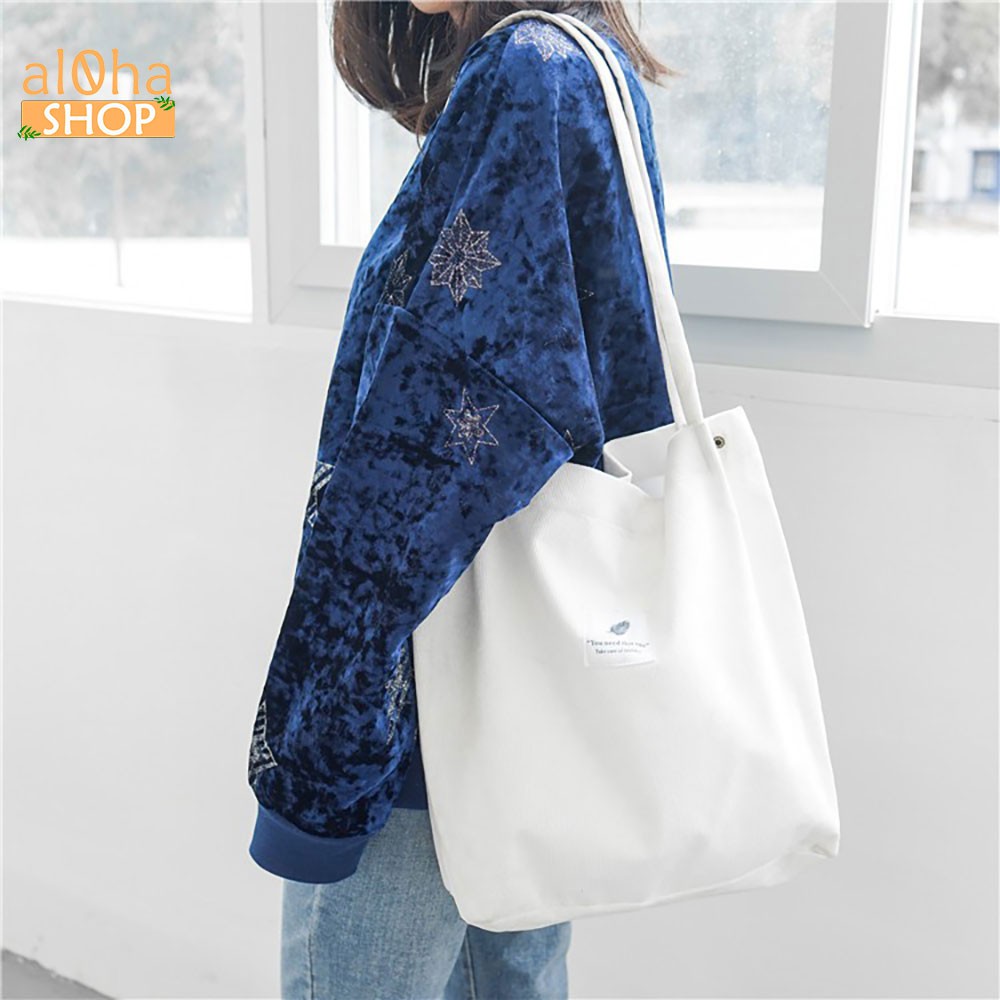 Túi tote vải bố canvas trơn T014 logo hình lá đựng đồ đeo vai đi học, đi chơi mềm đẹp