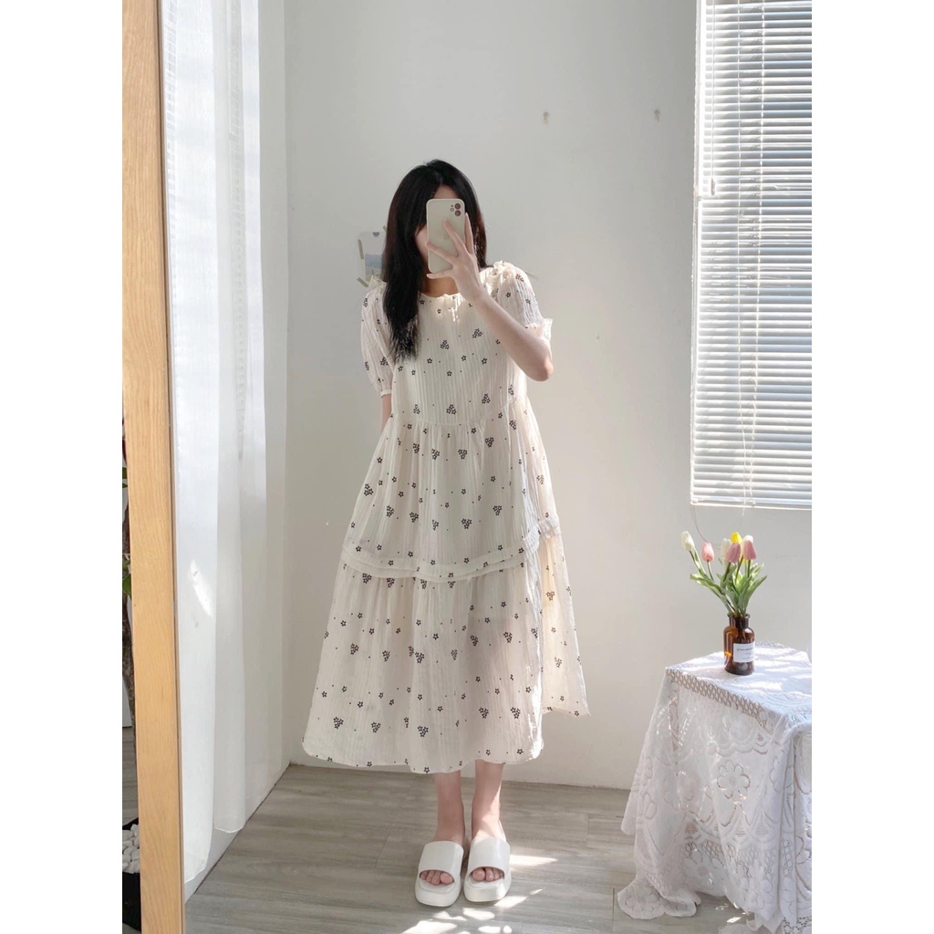 ( 50-85kg) Có sẵn bigsize - Đầm bầu hoa nhí - Váy bầu dáng tầng chất mềm mát không nhăn