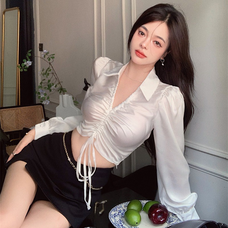 Áo Sơ Mi Croptop Tay Dài Cổ Chữ V Màu Sắc Đơn Giản Phối Dây Rút Phong Cách Hàn Quốc Cho Nữ