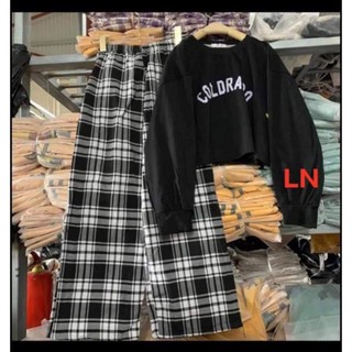 bộ áo thun croptop dài tay đen COLDRA + quần kẻ ống suông rộng