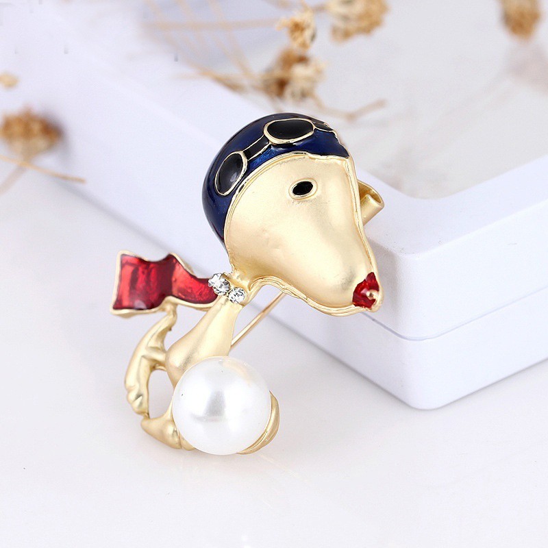 Cute Gold Rhinestone Pearl Snoopy Dog Brooch Pin Kids Gift Jewelry