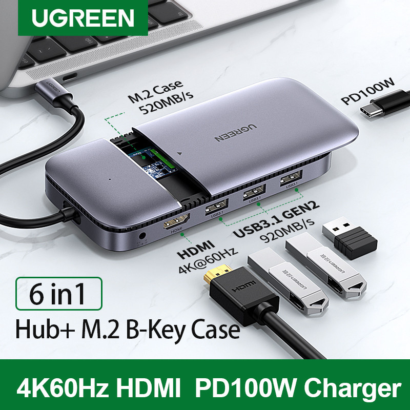 Bộ chuyển đổi USB Type-C 6 in 1 Ugreen 70449 Chính Hãng HDMI 4K@60Hz+USB 3.1 Gen 2 + PD + DC 5V/ 2A + M.2 SATA B-Key