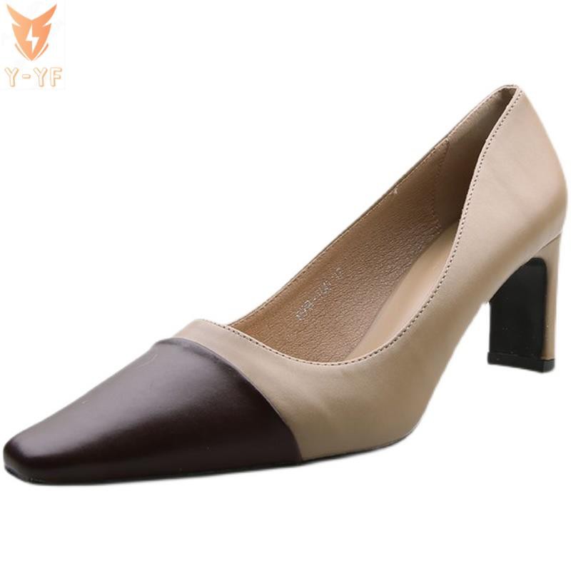 [High quality]French small fragrant style single shoes women 2021 new wild thick heel etiquette ladies black professional work shoes high heels