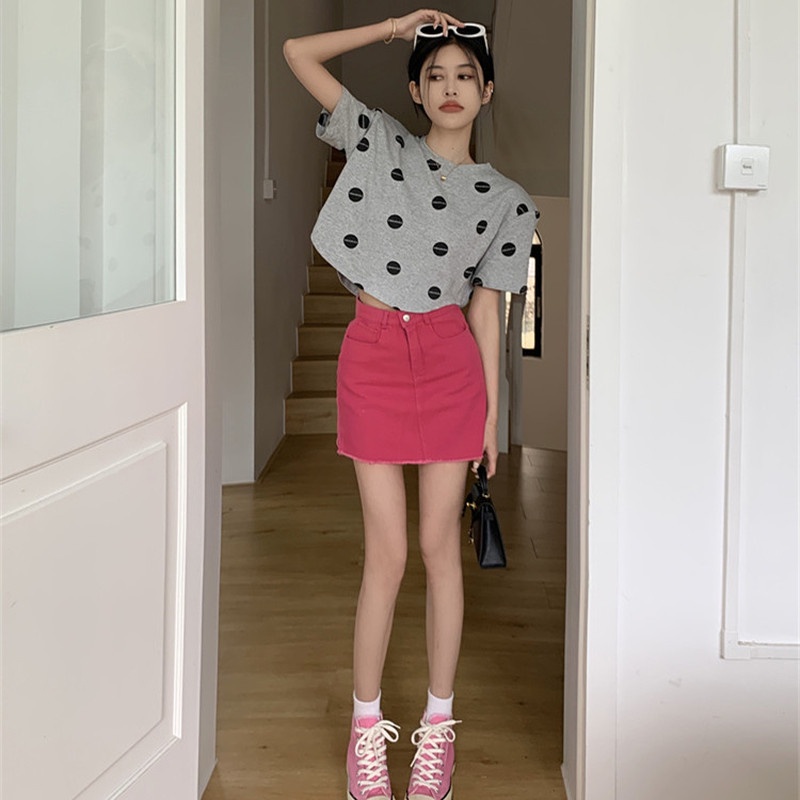 Áo Thun Tay Ngắn Hở Rốn Dáng Rộng Họa Tiết Chấm Bi Thời Trang Cho Nữ