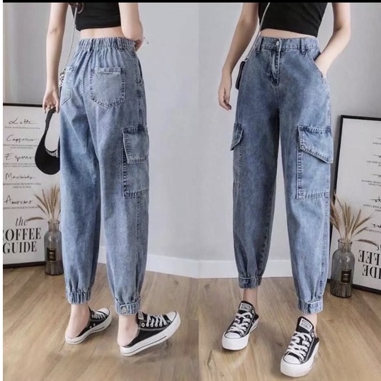 [ FREESHIP, SIÊU HẠNG ] QUẦN BAGGY JEAN NỮ LƯNG CAO CÓ BO CHUN M419 MÀU XANH XỊN SÒ 2 TÚI HỘP- Jeans Fashion93