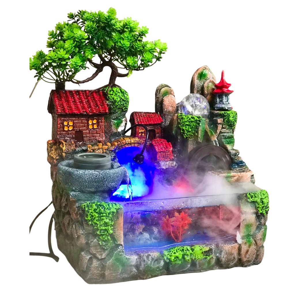 Thác Nước Phong Thủy Gốm Xinh Decor Tiểu cảnh hòn non bộ bể cá mini để bàn trang trí chất liệu composit cao cấp
