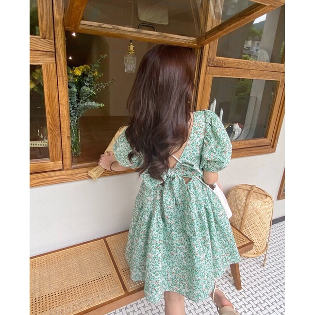 Váy babydoll hoa nhí xanh buộc nơ lưng xinh xắn - Đầm babydoll dáng xoè hoa nhí xanh nơ lưng Pea Store