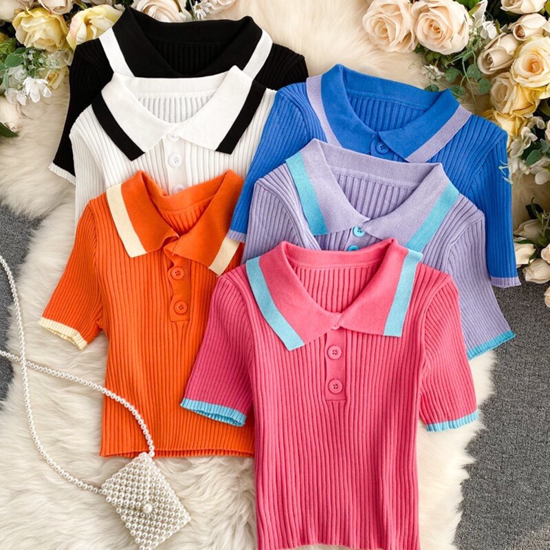 Áo len mông cộc tay croptop cổ bẻ pha viền cổ