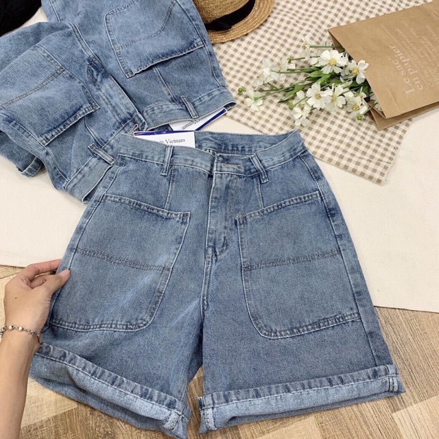 Quần short ngố lửng jean có túi phối trước ống rộng form lưng cao ulzzang kèm ảnh thật