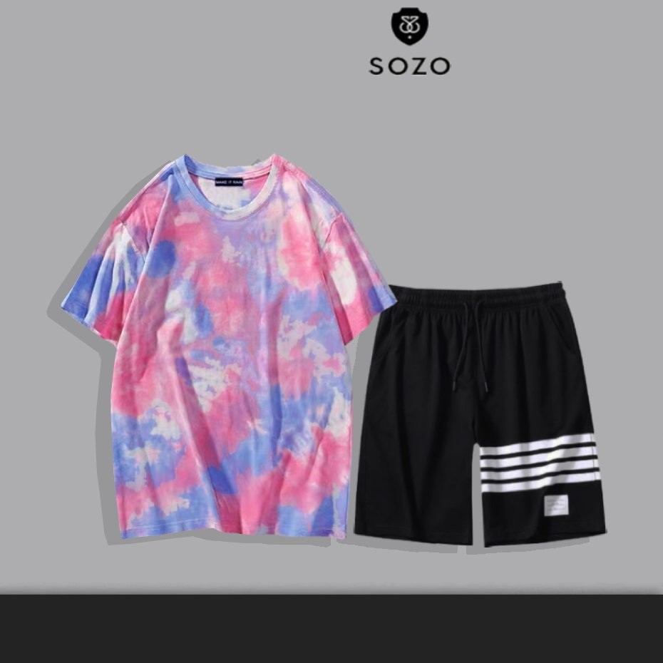 Set Bộ 2 Món Quần Shorts + Áo Thun Nam Chất Vải Thun CB2_MSH001THDEF6_WAT465CT (3 Kẻ Ngang + Loang Trơn)