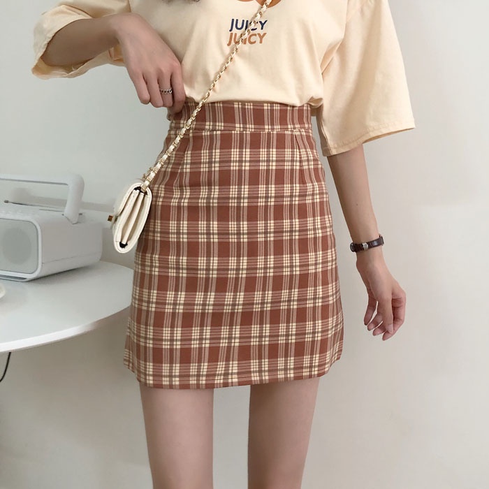 Chân váy chữ A SUXI lưng cao họa tiết sọc caro thời trang phong cách Hàn Quốc cho nữ