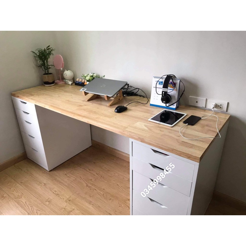 Bàn ikea 2 tủ, mặt bàn gỗ tự nhiên_ikeadesk.vn