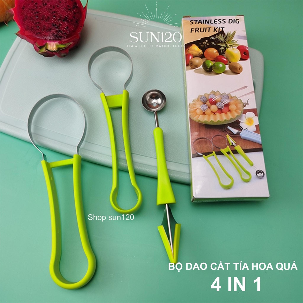 Bộ dao tỉa hoa quả đa năng 4 in 1 bộ dụng cụ nạo gọt trái cây múc kem tạo hình muỗng múc dưa hấu