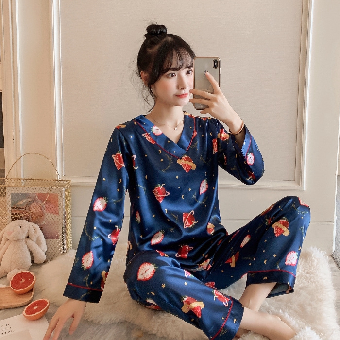 Bộ Đồ Ngủ Vải Lụa Satin In Họa Tiết Trái Cây Dễ Thương Cho Nữ