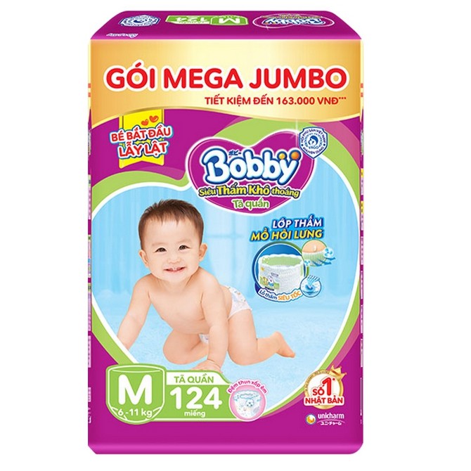 Tã quần Bobby gói Mega Jumbo : M124-L108-XL96-XXL88 - mẫu mới rãnh kim cương