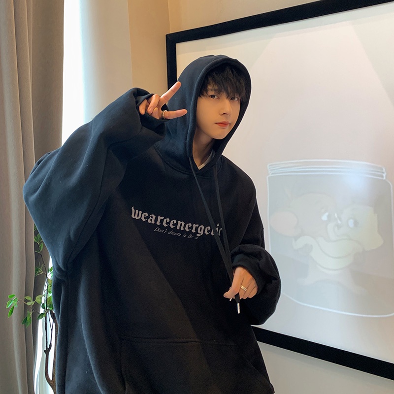 Áo hoodie tay dài dáng rộng in chữ phong cách Hàn Quốc thời trang thu đông cho nam