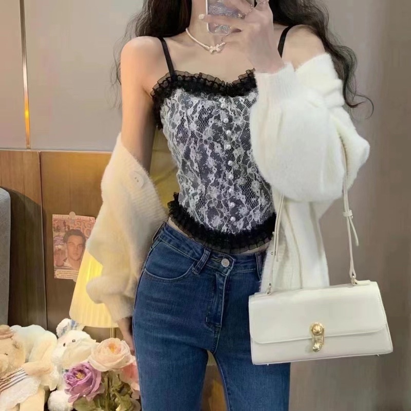 [Mã FAMARAL2 giảm 10K đơn 50K] Áo 2 dây ren dáng croptop dinh cúc ngọc có lót ngực cực xinh bra06 | BigBuy360 - bigbuy360.vn